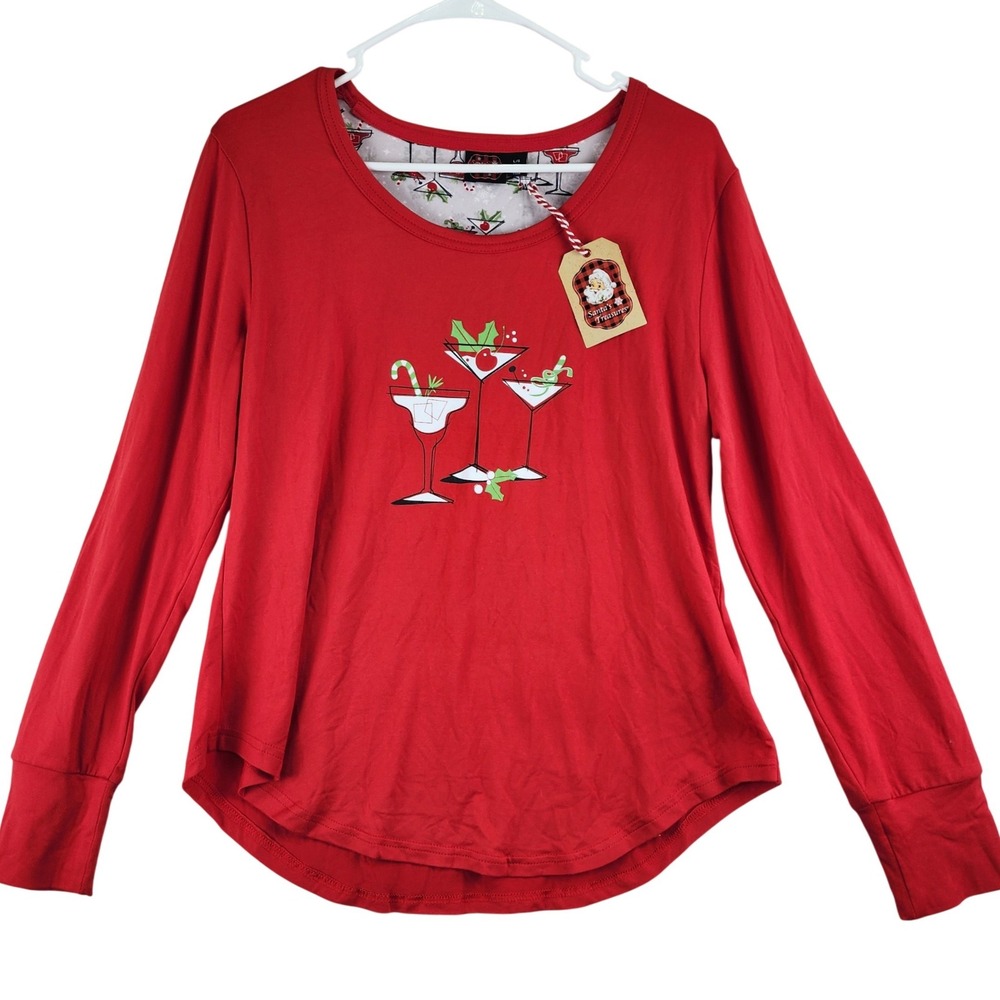 Santas Treasures Red Holiday Cocktail Martini Graphic Top Long Sleeve‎ Womens L